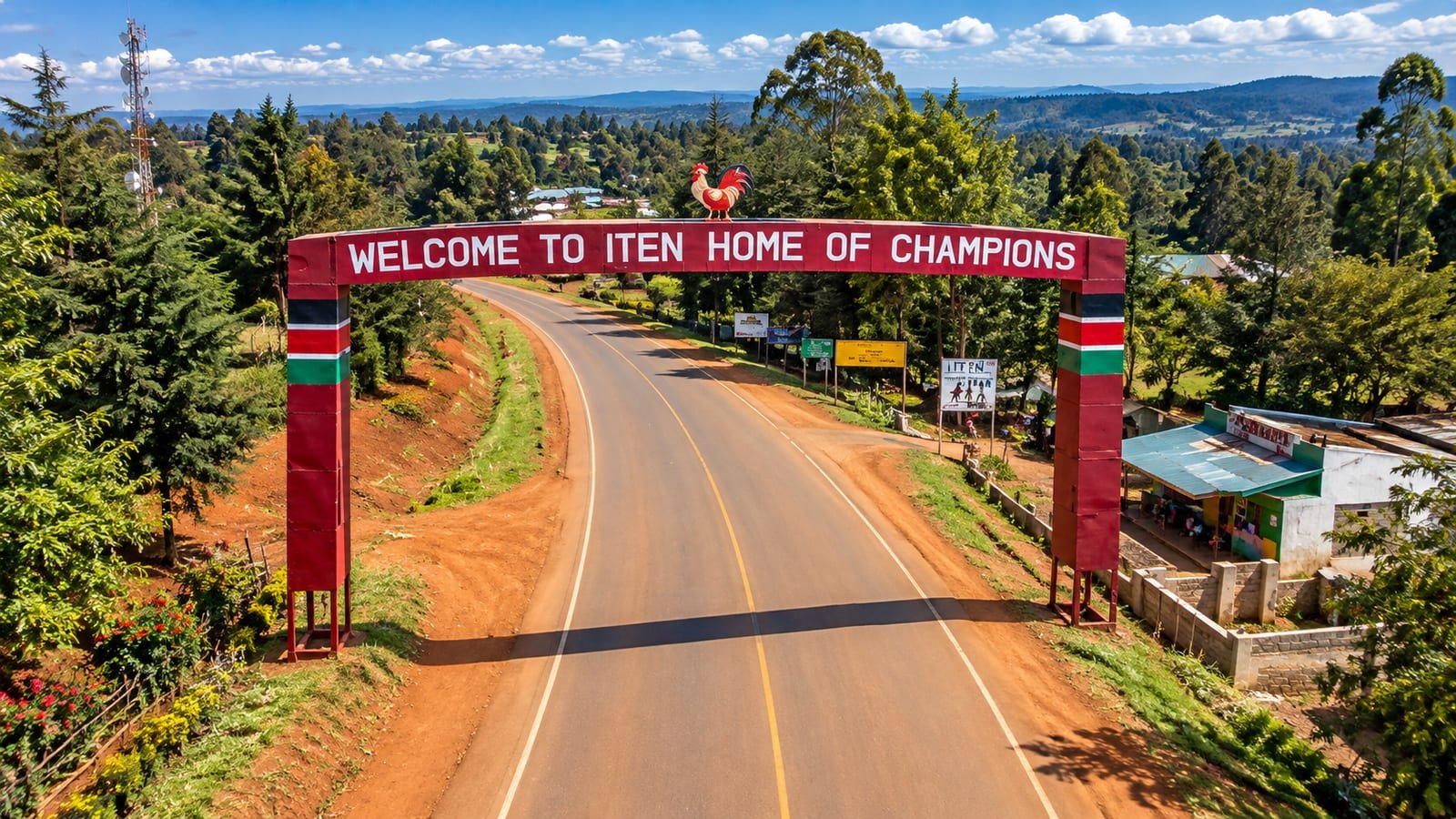L'arco rosso all'ingresso di Iten con la scritta Welcome to Iten Home of Champions