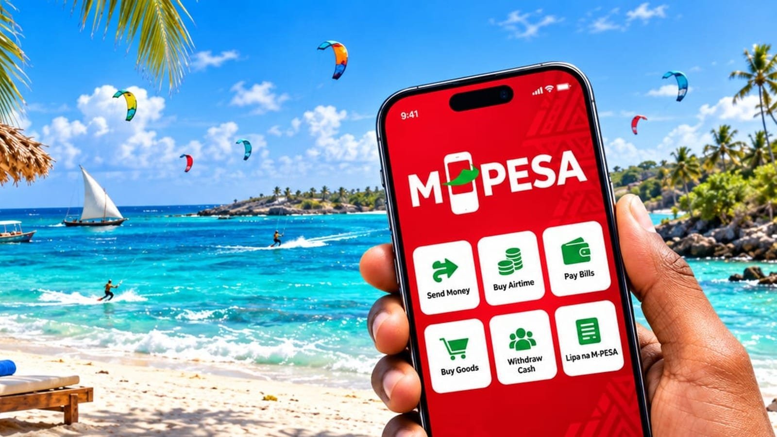 Un telefono con l'app M-Pesa in mano, su una spiaggia del Kenya con i kitesurf