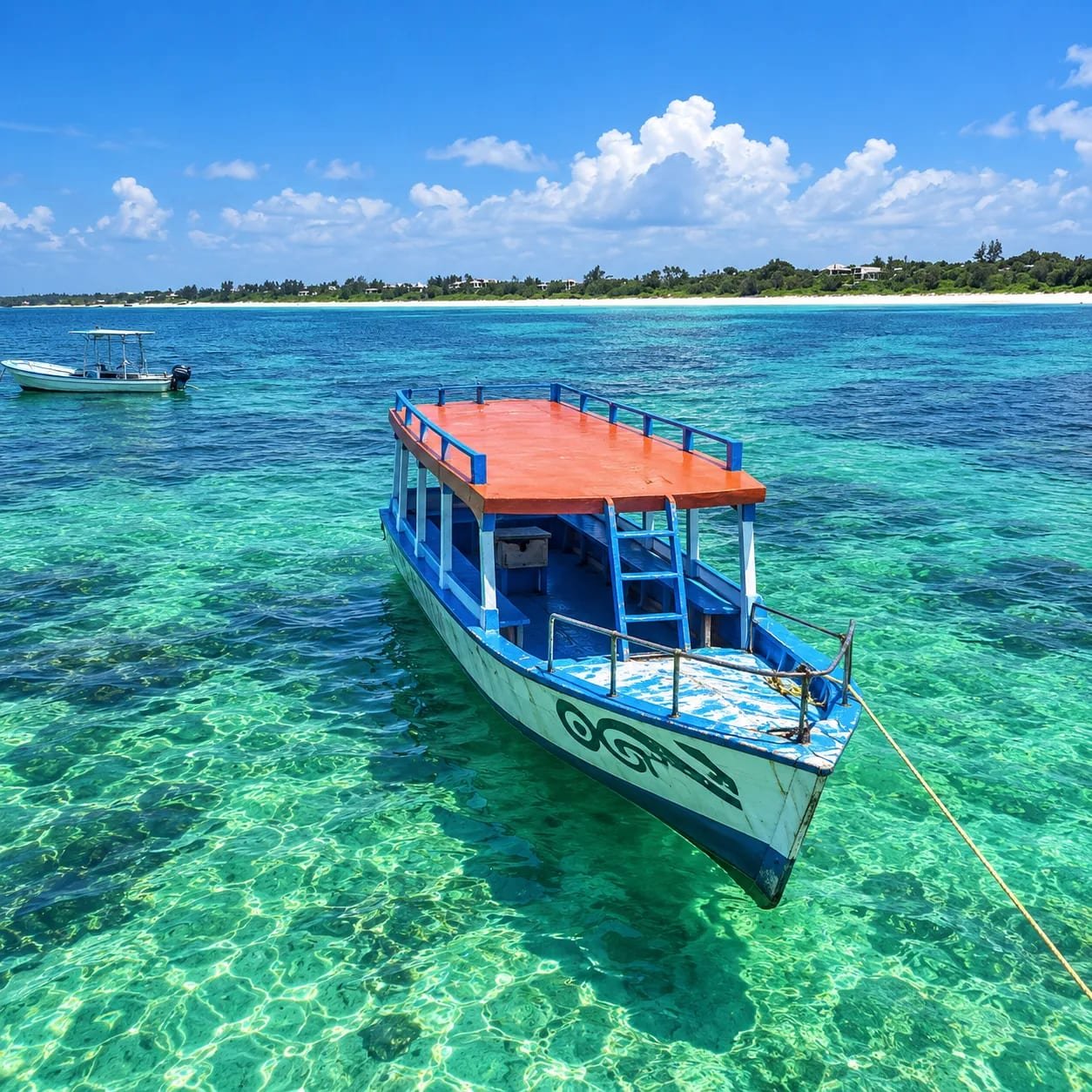 Barca con il tetto arancione ferma nell'acqua verde e trasparente, con la costa sullo sfondo