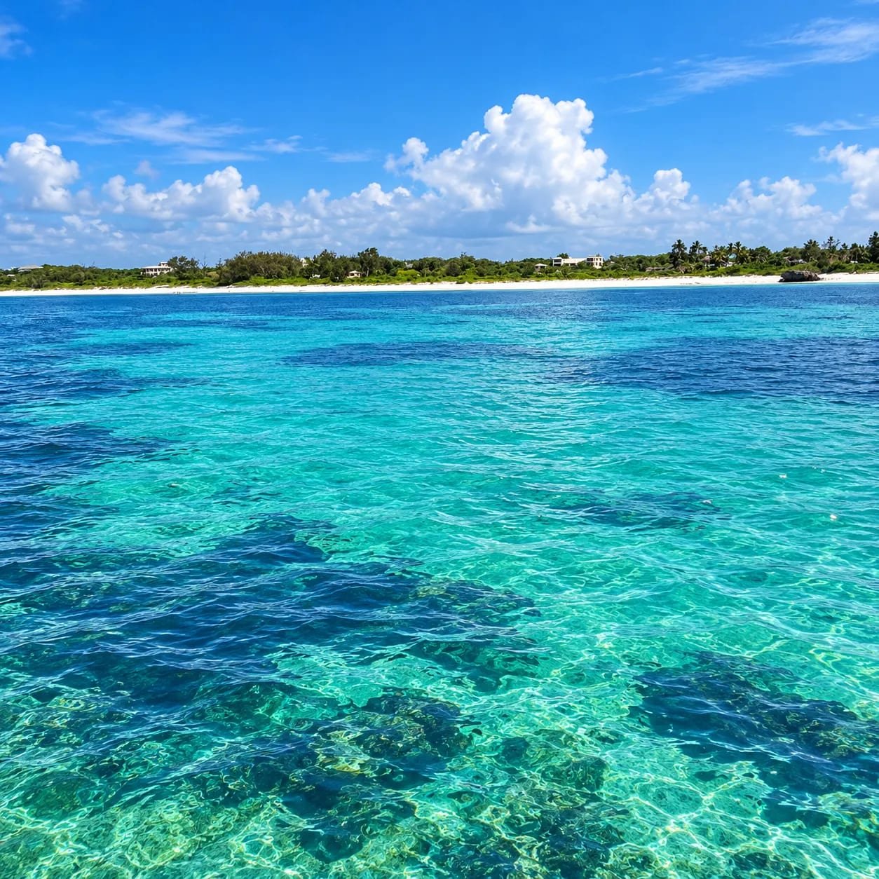 Acqua trasparente sopra la barriera corallina, con la riva e le case tra gli alberi sullo sfondo
