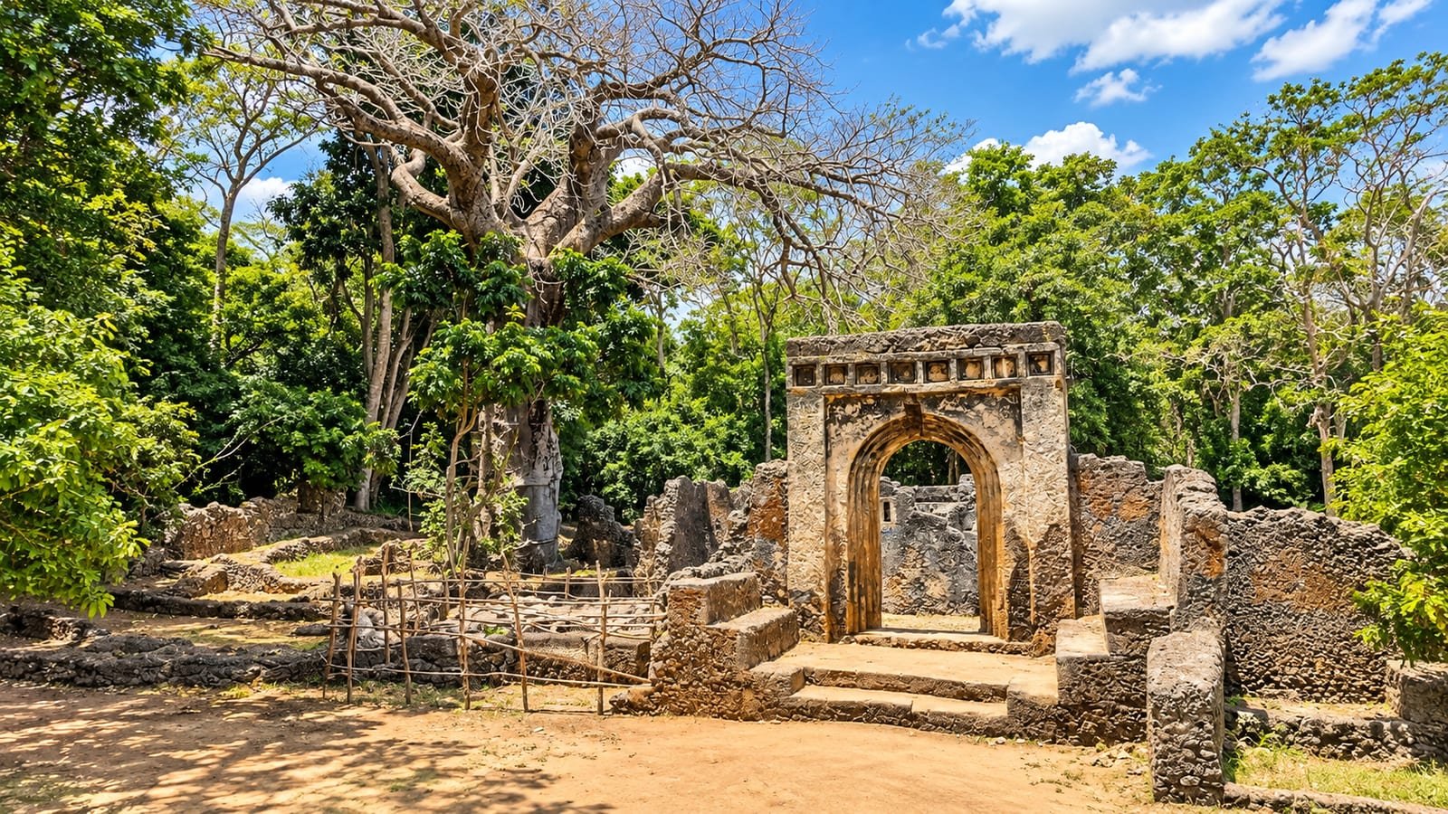 L'arco di pietra corallina delle rovine di Gede nella foresta, con un grande baobab