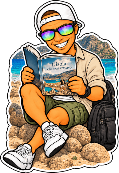 Ale che legge il suo libro sugli scogli