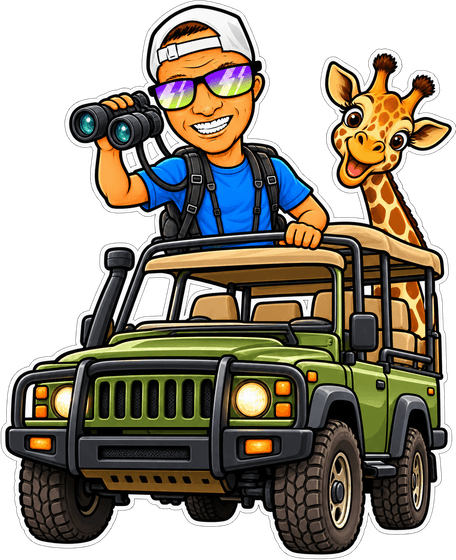 Ale in jeep col binocolo e una giraffa curiosa