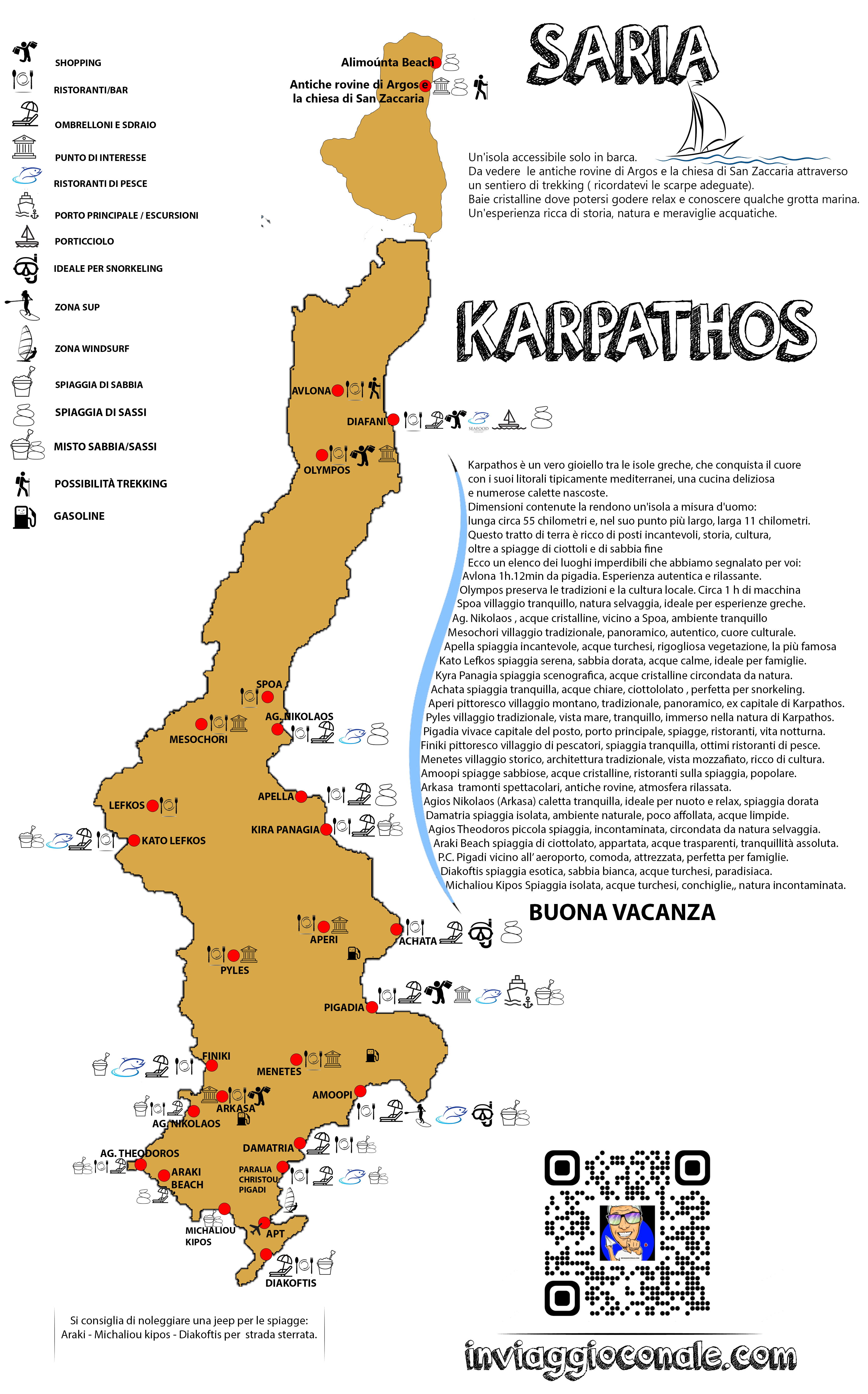 Questa mappa l'ho creata per indicare, secondo me, i luoghi molto interessanti e belli da vedere, considerando la facile accessibilità delle strade. L'isola offre molte più spiagge, molte delle quali con strada sterrata e, a volte, molto pericolosa.  Io ho solamente indicato quelle accessibili a tutti.